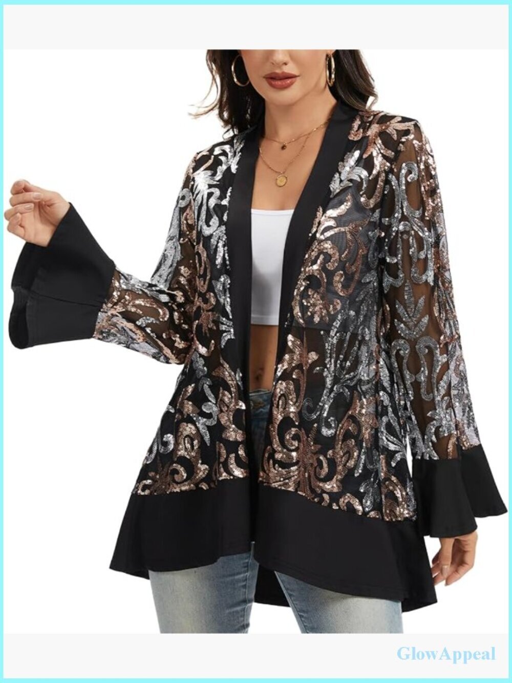 Women's Sequin Lace Mesh Cardigan Jacket Open Front Party Evening Long Sleeve